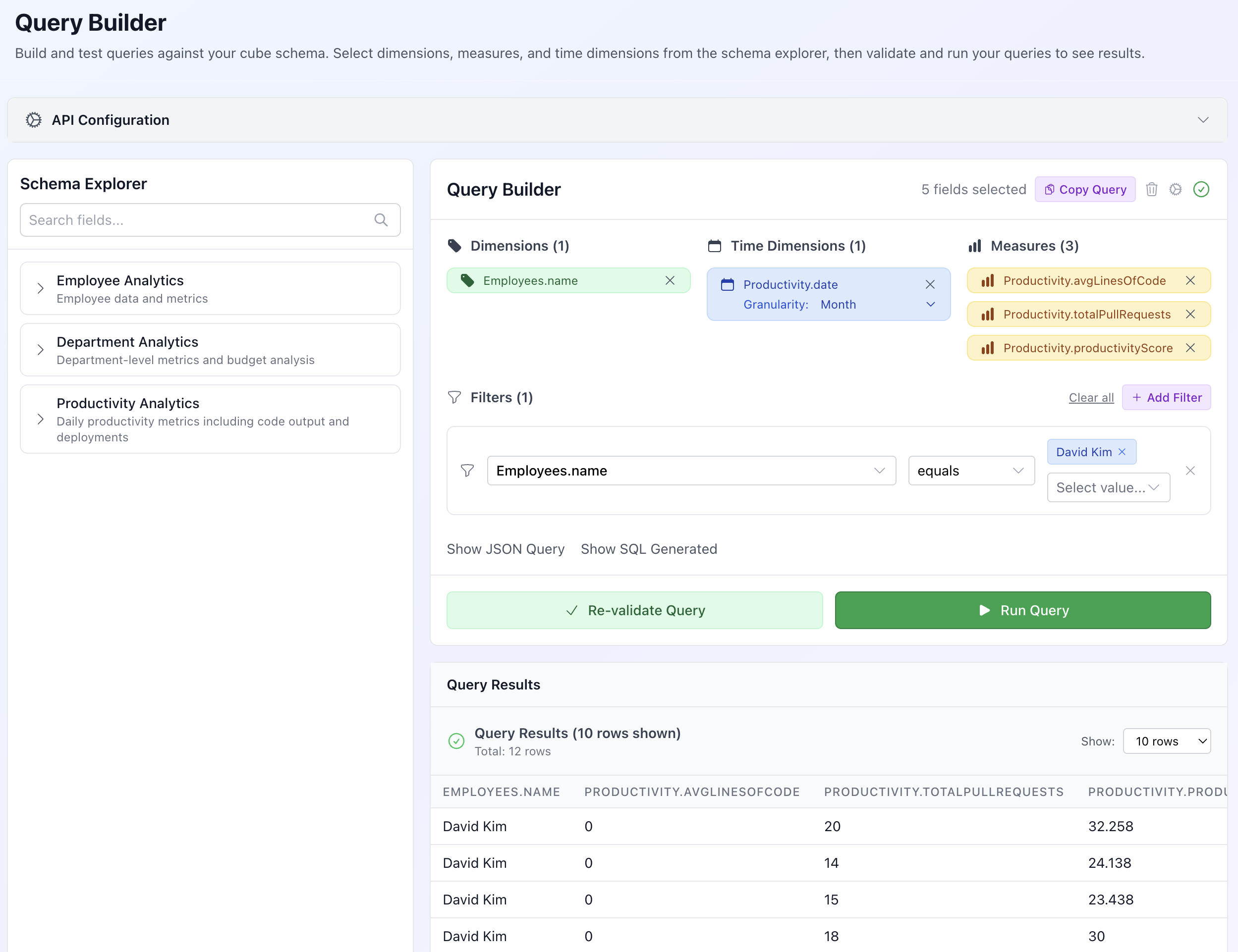 Intuitive query builder for building analytics queries with drag-and-drop functionality
